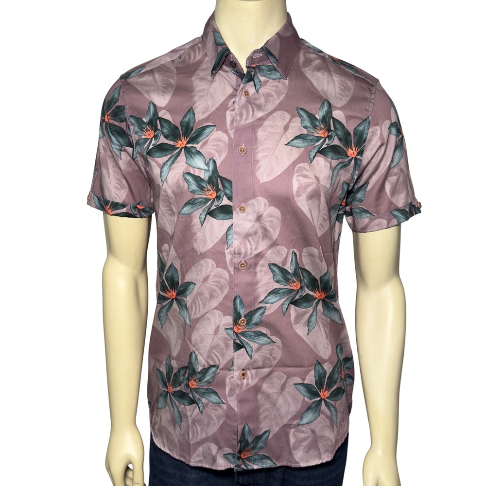 Ted Baker Myles Floral Button Down Shirt Mens 4 L Mauve Short Sleeve Excellent